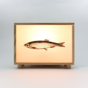 Fish collage in pinewood light box, handmade led lamp, original fisherman gift, home decor warm light, collage contemporary art, #Sardine