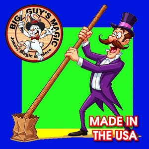 May include: A cartoon image features a magician in a purple suit and top hat, holding a long wooden pole that appears to be pushing a brown paper bag. The image includes a circular logo with a rabbit in a top hat and the text "Big Guy's Magic". The words "Made in the USA" are also present.