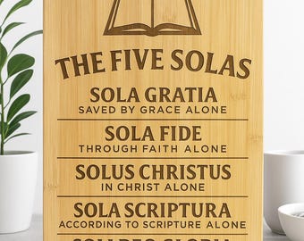 Five Solas Bamboo Wall Plaque, Bible Icon - 15x11 Reformation Art - Sola Gratia, Sola Fide, Solus Christus, Sola Scriptura, Soli Deo Gloria