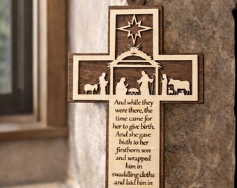 3D Nativity Cross 12x6.5 Walnut and Basswood Scripture Art Luke 2-6-7 Religious Home Decor Christian Housewarming and Baptism Gift Ideas
