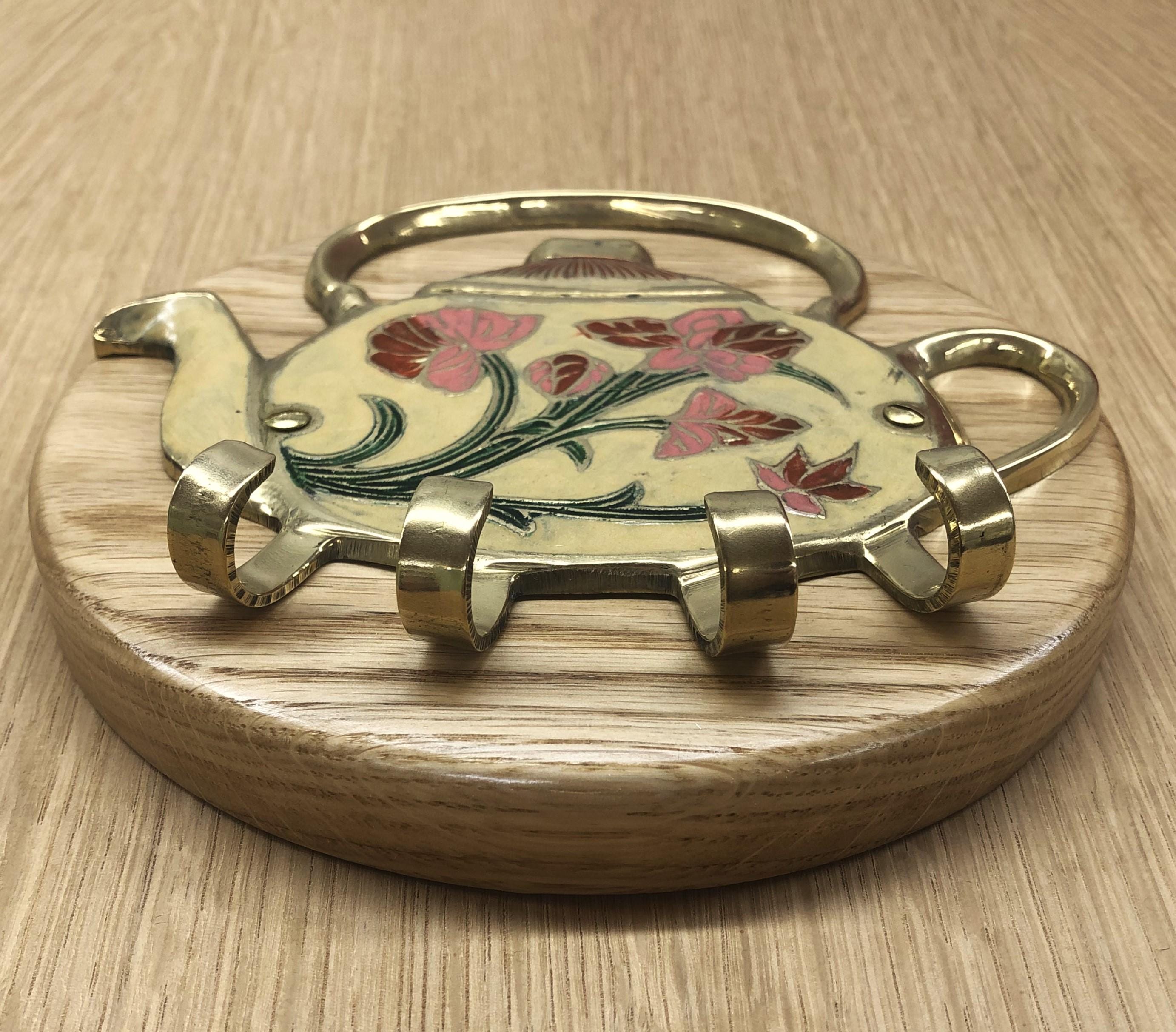 Tea Pot Key Enamelled Brass Teapot Key Rack on Round Oak Plaque. - Etsy UK