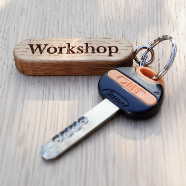 Personalised Oak Keyring/wooden keychain, Handmade. Size 60mm x 20mm. Choose your engraving.  Free replacement offer Ts&Cs apply