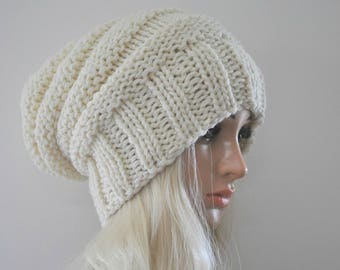 Cream knit hat woman, Chunky knit hat, Winter hat, Slouch beanie, Hand knit slouch hat, Wool beanie hat,Slouchy beanie woman, gift woman.