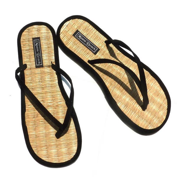 Rice straw flip flops with black velvet thongs (new)