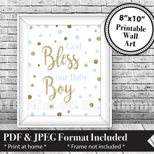 Blue & Gold Baby Wall Art - God Bless our Baby Boy- Printable Christian Baptism Sign Christening Baby Shower Gold Glitter Pastel Blue G43-15