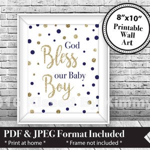 Navy Blue & Gold Baby Wall Art - God Bless our Baby Boy - Printable Christian Baptism Sign Christening Shower Gold Glitter Navy Blue G43-12