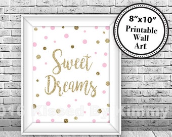 Gold & Pink Baby Wall Art - Sweet Dreams- Printable Christian Baptism Sign -Christening- Baby Room -Shower- Pastel Pink Gold Glitter 20-G43