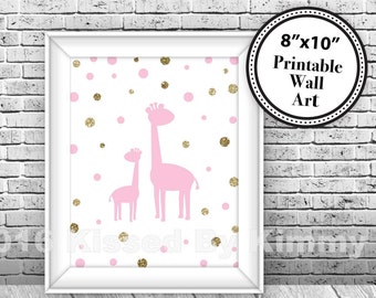 Pink & Gold Giraffe Baby Wall Art - Girl Jungle Print - Printable Baby Shower Sign - Baby Room - Pastel Pink Gold Glitter 20-G43