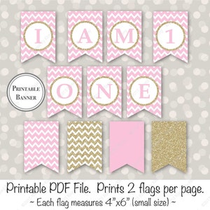 SALE - Gold & Pink 1st Birthday Banner - I am One Banner - I am 1 - Printable Girl Birthday Banner - Pastel Pink Gold Glitter 20-G43
