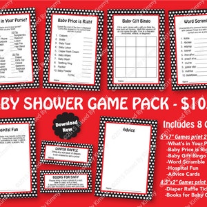Red Black Baby Shower Game Pack - 50% OFF -PRINTABLE Girl Shower Games- 8 Pack -Black Red Polka Dot Ladybug Party Decor Diaper Raffle 21-2