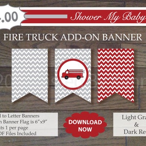 Red and Gray Fire Truck Add-On Banner - Printable Baby Boy Shower Banner- L Gray Dark Red - Chevron Baby Shower Decorations- 22-1