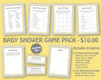 Yellow Gray Baby Shower Game Pack -30% OFF -PRINTABLE Baby Shower Games- 8 Pack -Chevron Babyshower Diaper Raffle -L Gray Pastel Yellow 22-6