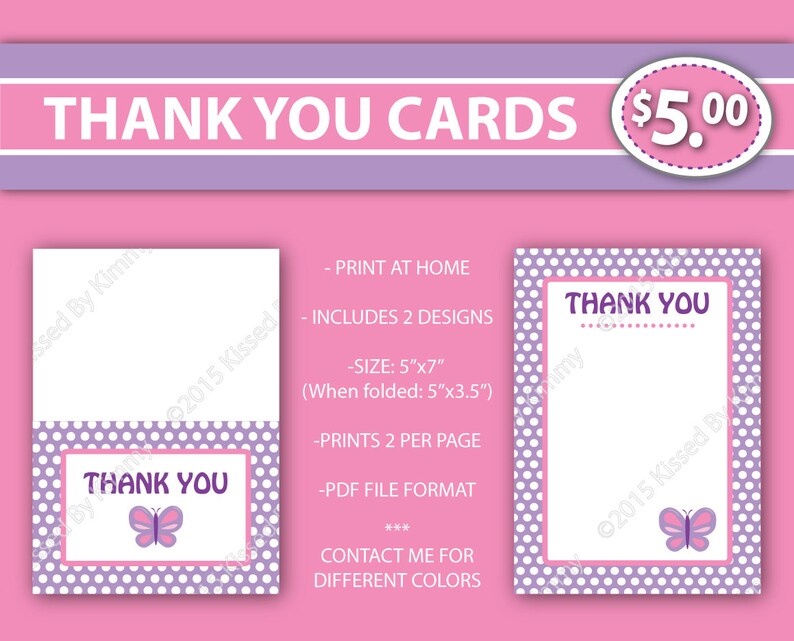 Pink Purple Butterfly Thank You Cards 70 Off Pink Girl Etsy