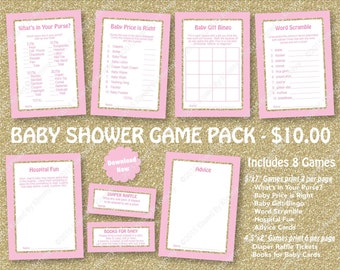 Pink Gold Glitter Baby Shower Game Pack - 25% Off SALE - PRINTABLE Princess Girl Baby Shower Games- 8 Pack- PPink Gold -Diaper Raffle 20-G43