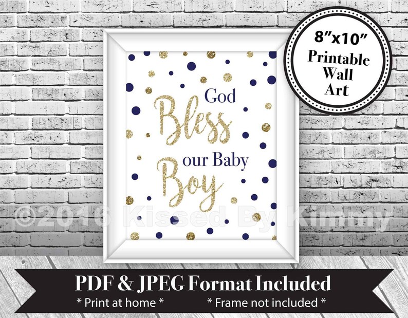 Navy Blue & Gold Baby Wall Art God Bless Our Baby Boy Etsy