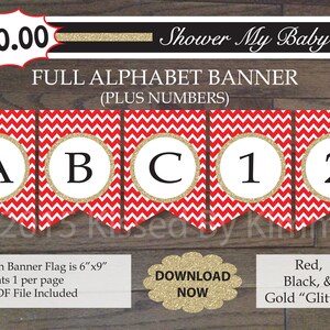 Black Red Gold Baby Shower -70% Off-FULL ALPHABET + Numbers Banner- Printable Birthday Banner - Retro - Black Red Gold Glitter 21-2-G43
