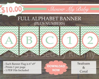 Coral and Seafoam Baby Shower - 60% Off- FULL ALPHABET + Numbers Banner - Printable Mint Chevron Birthday Banner- Seafoam Coral 9-2 2-9