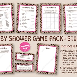 Leopard Pink Baby Shower Game Pack - 50 % Rabatt - DRUCKBARE Rosa Baby Shower Spiele - 8er Pack - Hellrosa Leopardenmuster - Windelverlosung