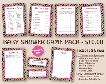 Leopard Pink Baby Shower Game Pack - 50% Off SALE -PRINTABLE Pink Baby Shower Games- 8 Pack -Bright Pink Leopard Print -Diaper Raffle Ticket