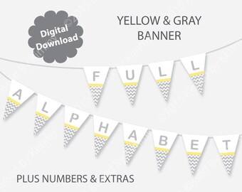 Yellow Gray Baby Shower Banner - Yellow Gray Baby Name Banner - Printable FULL ALPHABET- Pastel Yellow L Gray Banner -Chevron Party