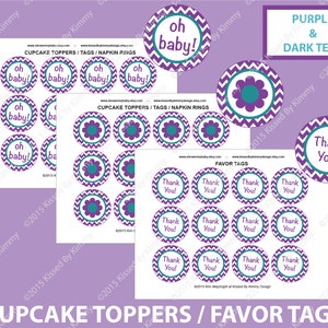 Teal Purple Baby Shower Decorations - Flower Thank You Favor Tags - PRINTABLE Baby Shower Cupcake Toppers - Dark Teal and Purple Chevron