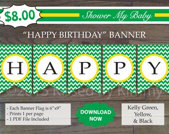 Green Yellow HAPPY BIRTHDAY Banner -Printable Tractor Birthday Banner- Kelly Green Yellow White-Chevron Deere Party Decorations