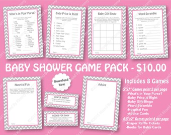 50% off SALE Pink Gray Baby Shower Game Pack - PRINTABLE Girl Shower Games- 8 Pack - Light Gray Baby Pink Baby Shower Chevron Party 22-19