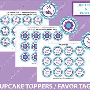Teal Purple Baby Shower Decorations - Flower Thank You Favor Tags - PRINTABLE Baby Shower Cupcake Toppers - Light Teal and Purple Polka Dots