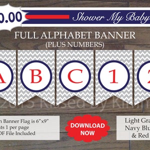 Navy Red Gray Baby Shower Banner - 70% Off - FULL ALPHABET + Numbers- Printable Chevron Birthday Banner- L Gray Navy Blue Red 22-12-2