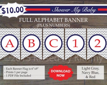 Navy Red Gray Baby Shower Banner - 70% Off - FULL ALPHABET + Numbers- Printable Chevron Birthday Banner- L Gray Navy Blue Red 22-12-2
