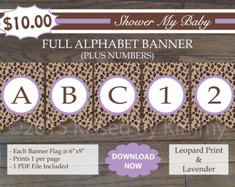 Leopard Print Banner - 70% off SALE - Printable Birthday Baby Shower Banner - FULL ALPHABET + Numbers - Leopard Lavender -Cheetah Decoration