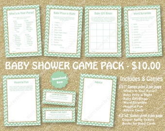 Seafoam Gold Glitter Baby Shower Game Pack - 60% Off - PRINTABLE Retro Mint Baby Shower Games- 8 Pack - Seafoam Gold - Diaper Raffle 9-G43