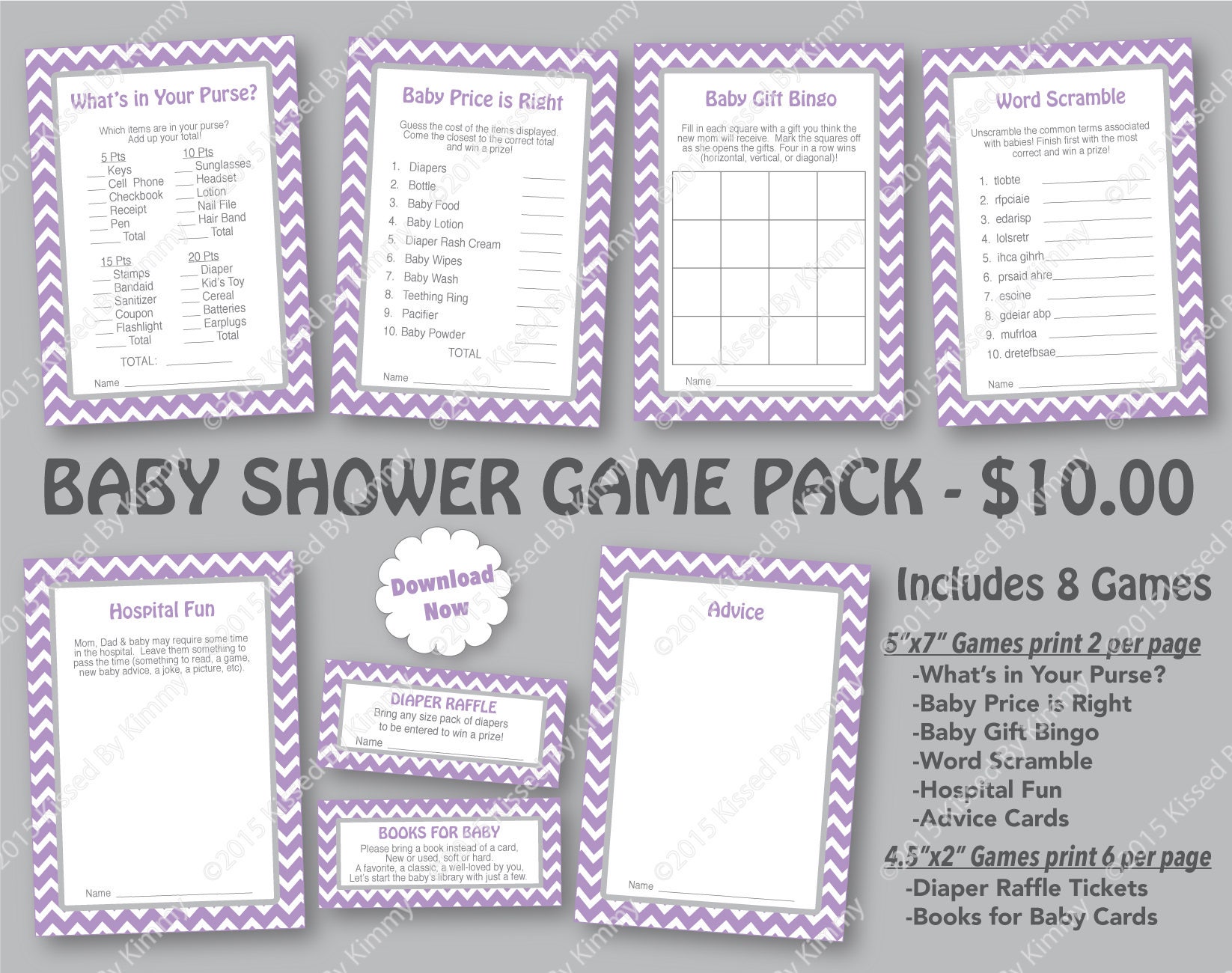 Lavender Gray Baby Shower Game Pack - 50% OFF -PRINTABLE Purple Baby Shower Games- 8 Pack- Lav L Gray - Diaper Raffle Ticket 17-22 or 22-17