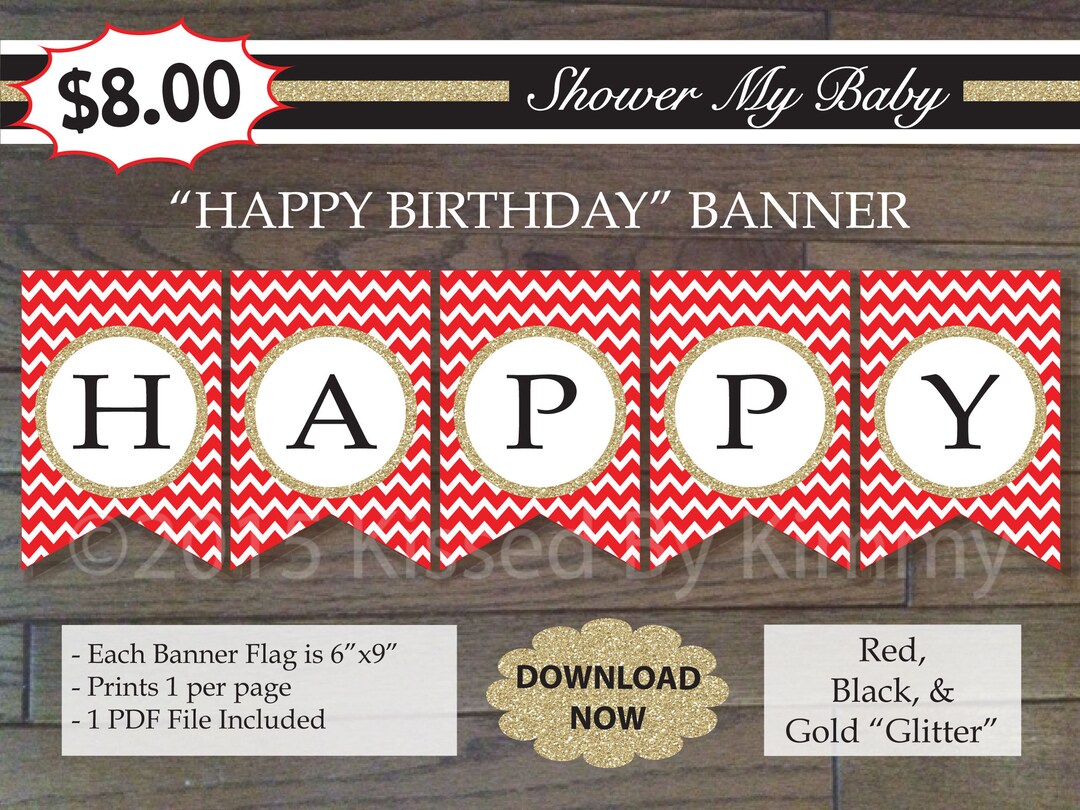 Black Red &amp; Gold HAPPY BIRTHDAY Banner - 75% Off- Printable Birthday ...