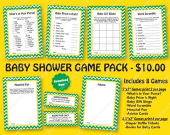 25% OFF -Green Yellow Baby Shower Game Pack -PRINTABLE Boy Tractor Shower Games -8 Pack - Deere Babyshower - Diaper - Kelly Green Yellow 7-5