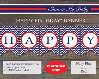 Red & Navy HAPPY BIRTHDAY Banner - Printable Nautical Birthday Banner- Navy Blue Red White - Chevron Party Decor - Nautical Birthday 12-2