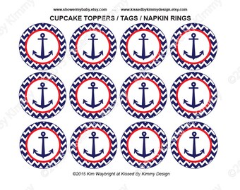 Baby Shower Nautical Decorations - PRINTABLE Baby Shower Cupcake Toppers - Red Navy Blue - Favor Tags - Chevron Party Supplies 12-2