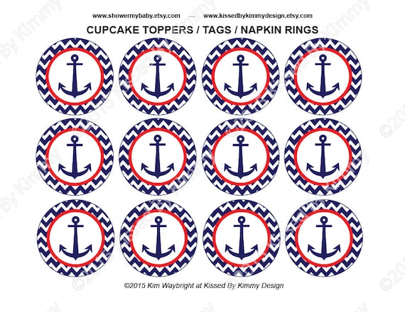 Baby Shower Nautical Decorations PRINTABLE Baby Shower Cupcake Toppers Red  Navy Blue Favor Tags Chevron Party Supplies 12-2 