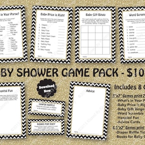 Black & Gold Glitter Baby Shower Game Pack -50% Off SALE -PRINTABLE Baby Shower Games- 8 Pack - Black Gold Glitter Sparkle - 21-G43