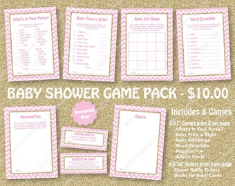 Pink Gold Glitter Baby Shower Game Pack - 25% OFF - PRINTABLE Princess Girl Baby Shower Games- 8 Pack - PPink Gold - Diaper Raffle 20-G43