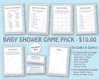 Blue Gray Baby Shower Game Pack -40% OFF SALE -PRINTABLE Boy Shower Games-8 Pack -L Gray Pastel Blue Baby Shower Chevron Party Diaper C22-15