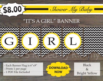 IT'S A GIRL Baby Shower Banner - Printable Baby Girl Banner - Bee Party Decor - Construction Birthday Party - Black Bright Yellow 21-5