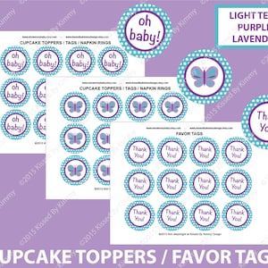 Teal Purple Baby Shower Decorations - Butterfly Thank You Favor Tags - PRINTABLE Baby Shower Cupcake Toppers - Light Teal Purple Lavender