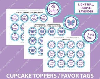 Teal Purple Baby Shower Decorations - Butterfly Thank You Favor Tags - PRINTABLE Baby Shower Cupcake Toppers - Light Teal Purple Lavender