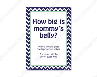 Nautical Baby Shower Game - PRINTABLE How Big is Mommy's Belly Game - Guess how big mommy belly is Shower Game - Navy Seafoam - 12-9 9-12