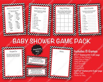 Baby Shower Game Pack - PRINTABLE Baby Shower Games- 8 Pack - Black Red Minnie Ladybug Baby Shower Chevron Party Supplies Diaper Raffle