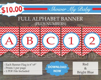 40% Off SALE- Red and Blue  FULL ALPHABET (+ Numbers) Banner - Printable Baby Shower Banner- Red Bright Blue - Chevron Party Baby Name