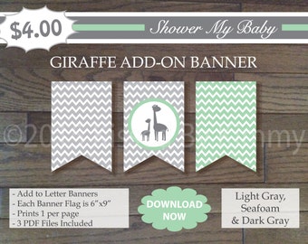 Seafoam and Gray Giraffe Add-On Banner -25% Off-Printable Baby Girl Shower Banner-L Gray Seafoam - Chevron Mint Baby Shower Decor - 22-9