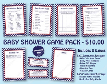 Nautical Baby Shower Game Pack Red Navy -25% OFF- PRINTABLE Baby Shower Games 8 Pack- Navy Blue Dark Red -Nautical Party Diaper Raffle 12-1