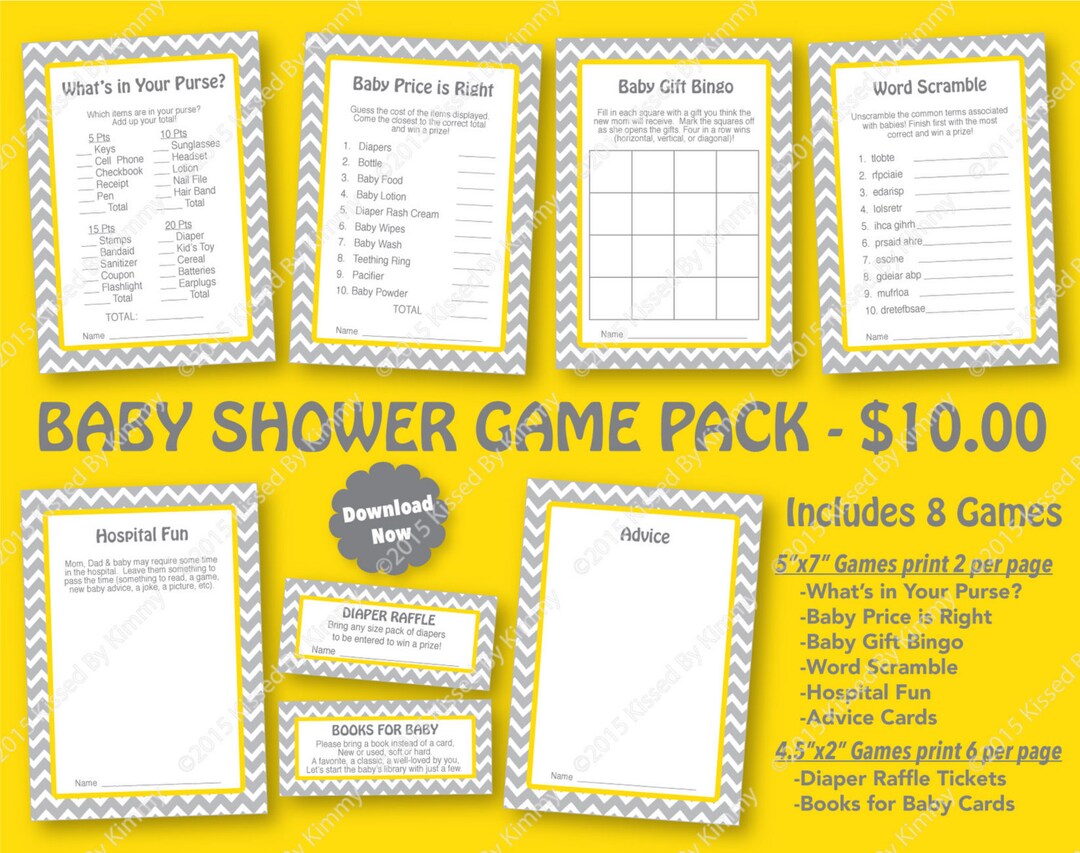 Yellow Gray Baby Shower Game Pack- 50% off SALE - PRINTABLE Baby Shower ...